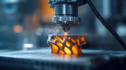 Fototapete - 3D printing process in action.  A metal object is being created with a high-tech machine.  Intricate design, glowing hot material, and smoke are visible