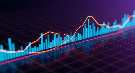 Poster - Abstract Stock Market Chart with Blue Columns Orange Line Graph on Dark Purple Background Representing Financial Analysis and Economic Growth