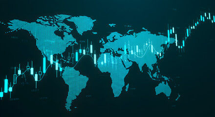 Poster - Abstract Teal World Map Overlaying Stock Market Chart Data for Global Finance