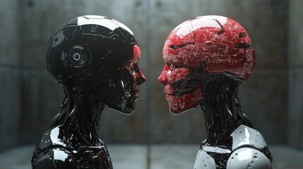 Aufkleber - Two futuristic robots face off, their metallic bodies contrasting in color