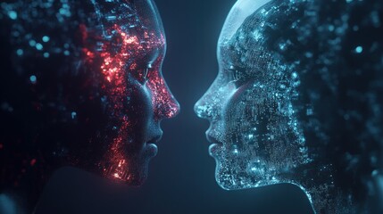 Poster - Two digital faces, close-up, glowing with contrasting colors, suggesting connection or conflict