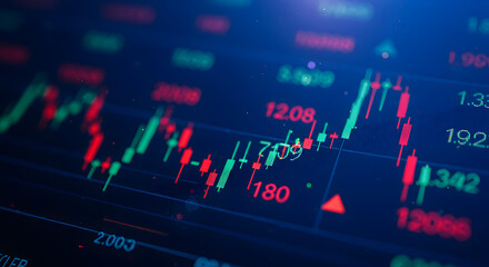 Poster - Detailed Stock Market Candlestick Chart on a Dark Blue Screen Displaying Financial Data and Market Trend Analysis