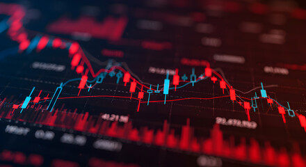 Poster - Dramatic Stock Market Chart with Red and Blue Candlesticks Indicating Financial Downturn on Dark Backdrop