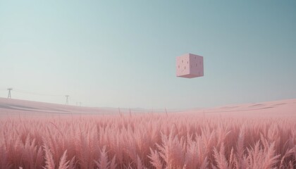 Poster - Floating cube in pink grassland surreal landscape digital art tranquil environment aerial view imagination
