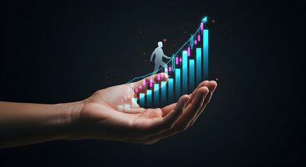 Poster - Hand Holding Pixelated Upward Graph with Human Silhouette in Dark Backdrop for Successful Business Growth