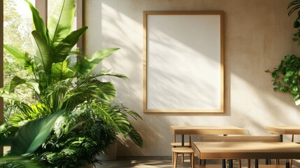 Poster - Sunlit modern cafÃ© interior with blank wooden frame and green plants.