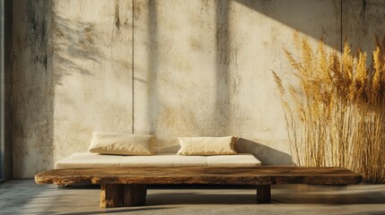 Poster - Sunny interior mockup in warm neutral wabi-sabi with a low sofa, rough coffee table, and dried grass against a concrete wall