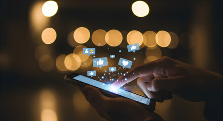 Poster - Hands Holding Smartphone Displaying Social Media Icons Against Defocused City Lights at Night
