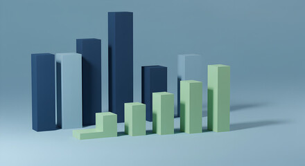 Poster - Isometric Pixel Art Graph With Blue And Green Bars on Light Blue Background