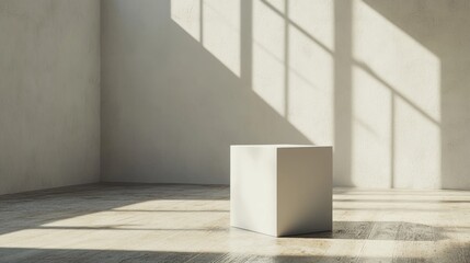 Poster - Empty white cube pedestal in a sunlit room