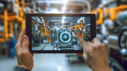 Leinwandbilder - Industrial maintenance using augmented reality on a tablet.  Hands hold a tablet displaying a factory scene with highlighted equipment