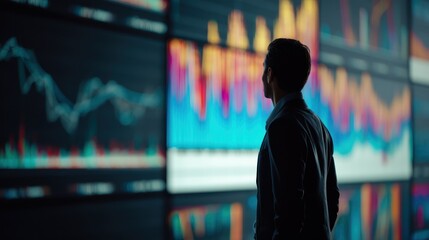 Poster - A focused individual analyzing financial data displayed on digital screens in a modern office environment.