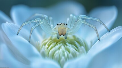 A captivating macro photograph of a delicate white spider resting on a beautiful white flower.