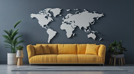 Poster - 3d world map simple design minimalistic in grey wall background