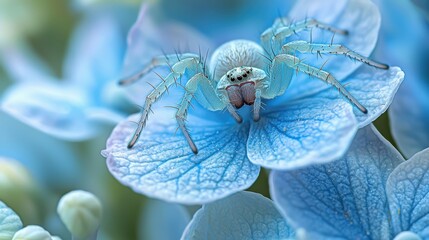 A vibrant blue spider delicately perched atop a beautiful blue hydrangea bloom.