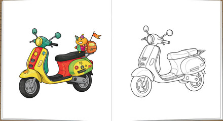 Poster - Coloring Book Delight: A vibrant illustrated scooter, alongside its line art counterpart, perfect for a coloring book or creative project, full of color and artistic inspiration.