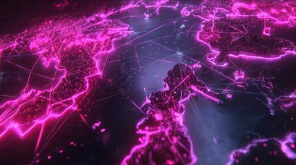 Poster - A vibrant digital map showcasing global connectivity with neon pink lines illustrating data flow across continents.