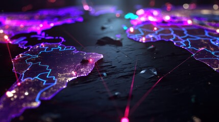 Poster - A vibrant digital map showcasing interconnected networks with neon-like lights and water reflections.