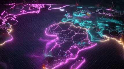 Poster - A vibrant, neon-lit world map showcasing interconnected continents and digital connectivity for futuristic themes.