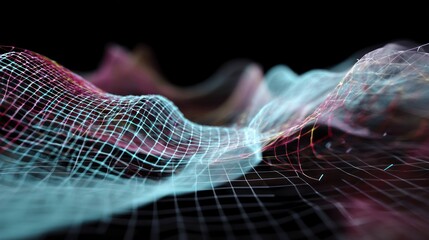 Poster - Abstract digital waves illustrating data visualization in vibrant colors with intricate grid patterns in a dark background.