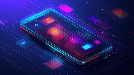 Aufkleber - Futuristic smartphone with vibrant digital interface and complex circuitry