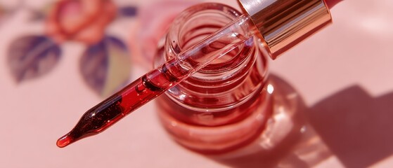 Poster - Close up of a Luxurious Glass Bottle with Dropper Filled with Red Liquid on a Pink Floral Background in Soft Light for Beauty and Healthcare