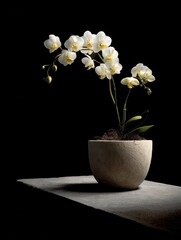 Poster - Serene white orchid blossom in stone pot against black backdrop capturing graceful floral beauty and minimalist elegance for stock photo platforms