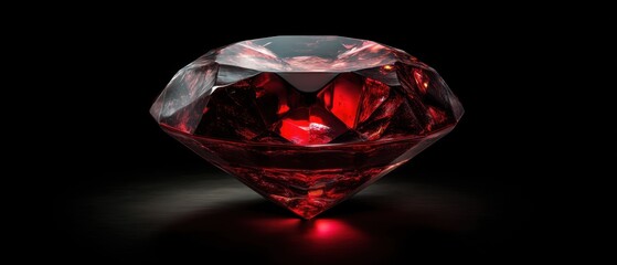 Poster - Captivating Red Ruby Gemstone on Dark Surface Radiating Intense Light and Sparkle in a High Resolution Close Up Shot with a Dramatic and Elegant Visual Mood