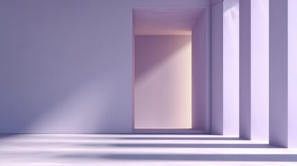 Poster - Serene pastel interior with soft light casting shadows on minimalist architecture creating a calming and peaceful atmosphere with a modern design aesthetic and a sense of depth
