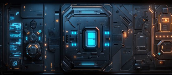 Poster - futuristic sci-fi control panel with glowing blue and orange lights.