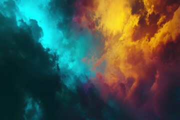 Poster - Dramatic sky with vibrant clouds in yellow and cyan contrasting colors creating a dynamic and surreal atmosphere perfect for abstract backgrounds and wallpapers