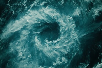 Poster - Aerial view of swirling ocean waters creating a mesmerizing vortex pattern with a dark center, evoking a sense of powerful natural energy and dramatic depth