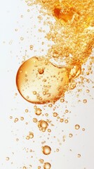 Poster - Effervescent golden liquid with bubbles floating in a clear solution creating a refreshing and dynamic visual effect with a clean and minimalist background