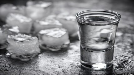Poster - chilled vodka shot glass with ice cubes on a rustic surface creating a refreshing and inviting visua