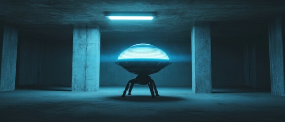 Poster - Enigmatic glowing sphere in a concrete chamber evokes futuristic mystery and technological advancement with low angle and dramatic lighting for stock photography