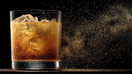 Poster - Elegant whiskey glass with ice cubes and a splash of golden glitter against a black background creating a luxurious and festive atmosphere for celebration and enjoyment