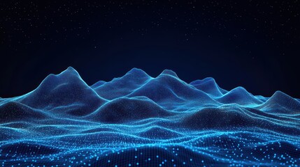 Poster - Abstract blue digital landscape with glowing particles and dark starry sky background.
