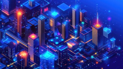 Poster - futuristic city with glowing buildings and digital connections.