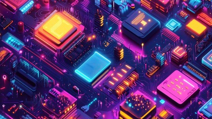 Poster - Abstract colorful illustration of a circuit board with various components.