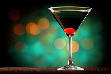 Poster - Elegant martini glass with cherry garnish on wooden surface against blurred bokeh lights background creating a sophisticated and inviting atmosphere perfect for bars