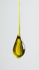 Poster - Golden olive oil drop falling with light gray background captures the essence of purity and natural goodness in a minimalist and elegant style
