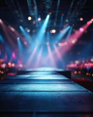 Poster - Captivating stage illuminated with vibrant blue and pink lights creating a dynamic and energetic atmosphere perfect for performance art and entertainment venues