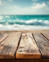 Poster - Rustic wooden table with a blurred ocean backdrop creating a serene beachside atmosphere perfect for summer vacation and relaxation with a calming turquoise sea