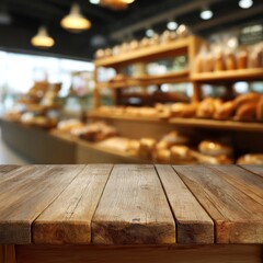 Poster - Rustic wooden table against a blurred bakery backdrop showcasing fresh bread and pastries creating a warm inviting atmosphere with soft lighting and a cozy ambiance