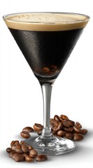 Poster - Elegant espresso martini in a chilled glass with coffee beans on a white background, top angle view, showcasing a modern and inviting coffee cocktail presentation