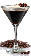 Poster - Elegant coffee martini with cherry garnish and scattered coffee beans on a reflective surface captures the essence of a refined coffee cocktail experience