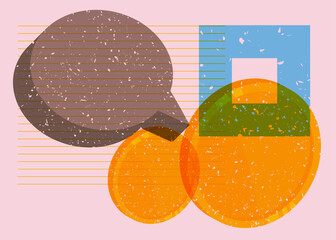 Poster - Risograph Gold Coin with speech bubble with geometric shapes. Objects in trendy riso graph print texture style design with geometry elements.