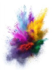 Poster - Vibrant explosion of colorful powder against a clean white background creating dynamic abstract art and a captivating visual effect with a bright and energetic mood