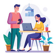 © MDSIAM - man sitting at his desk working on laptop, with woman standing near him holding phone, designed in flat style vector