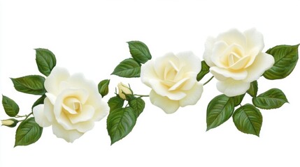 Poster - Elegant ivory roses blossom with verdant leaves on a pristine white backdrop creating a serene floral arrangement perfect for wedding invitations and delicate designs
